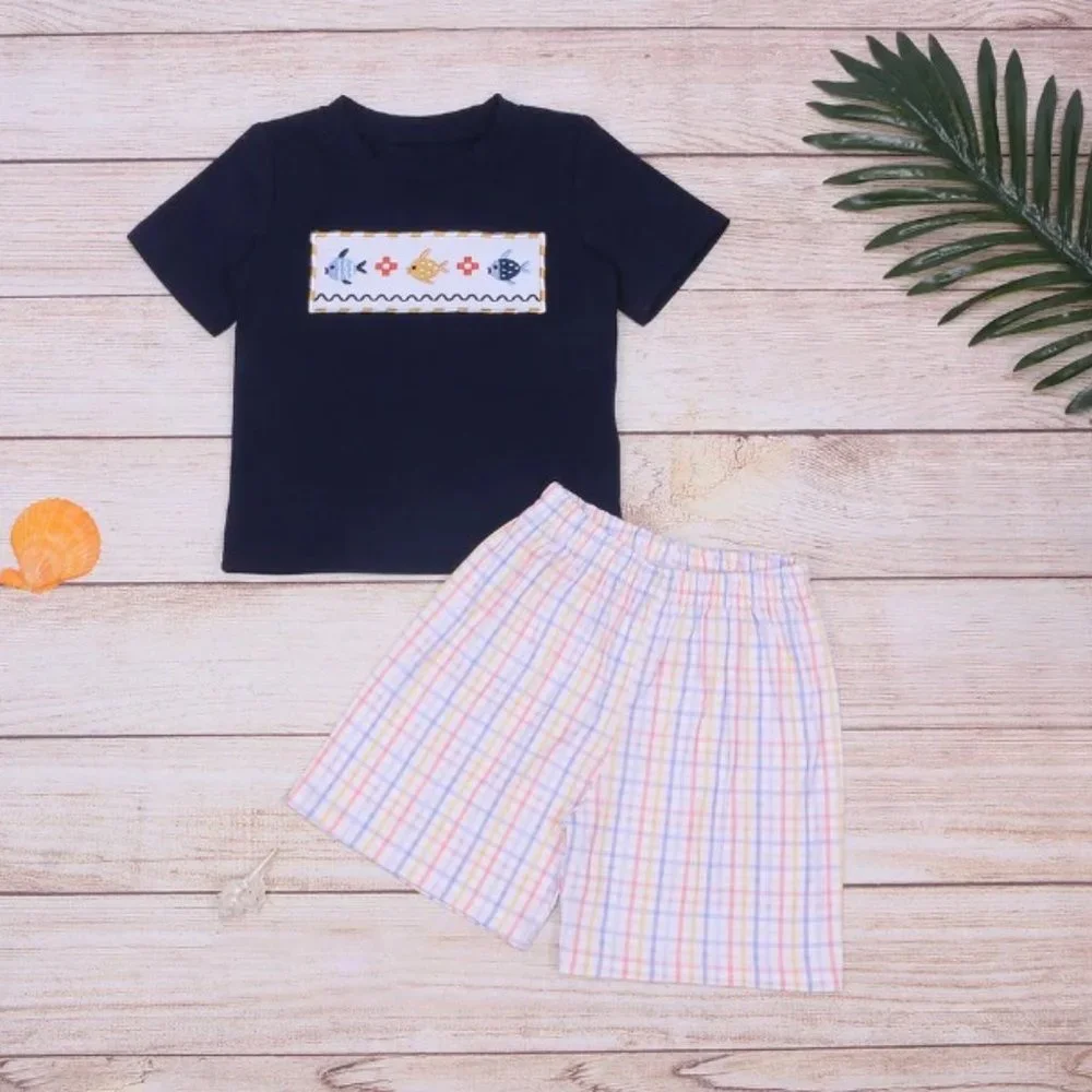 Boutique Embroidered Fish Boys Shorts Outfit Set